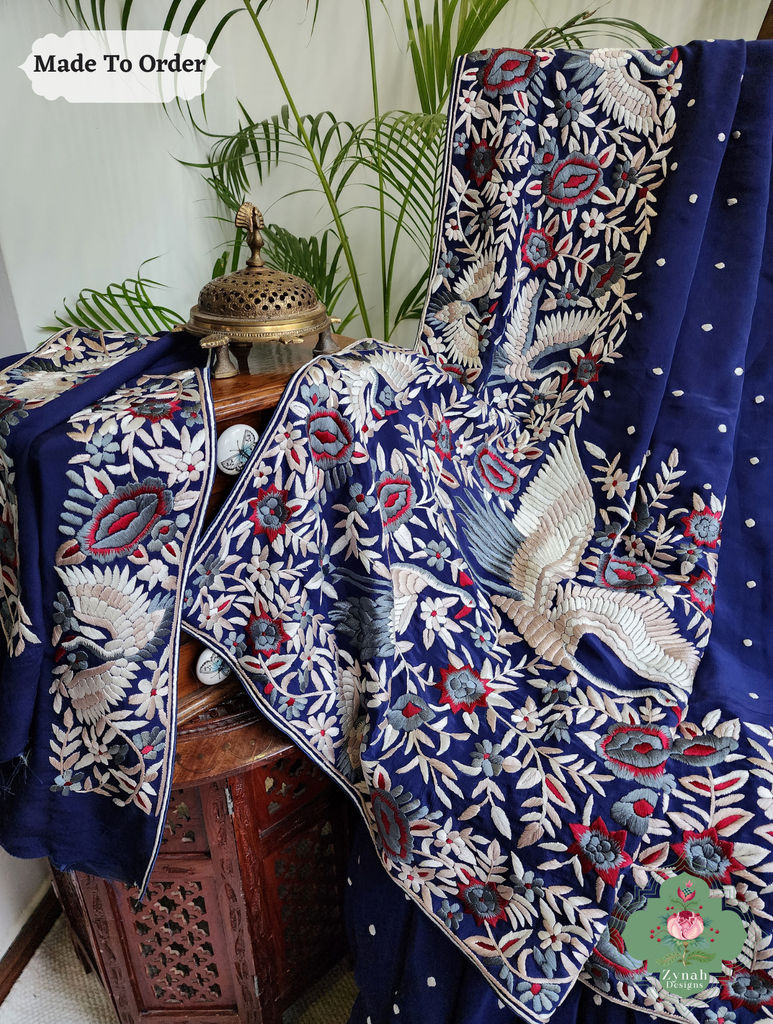 Navy Blue Crepe Silk Hand Embroidered Parsi Gara Saree 6
