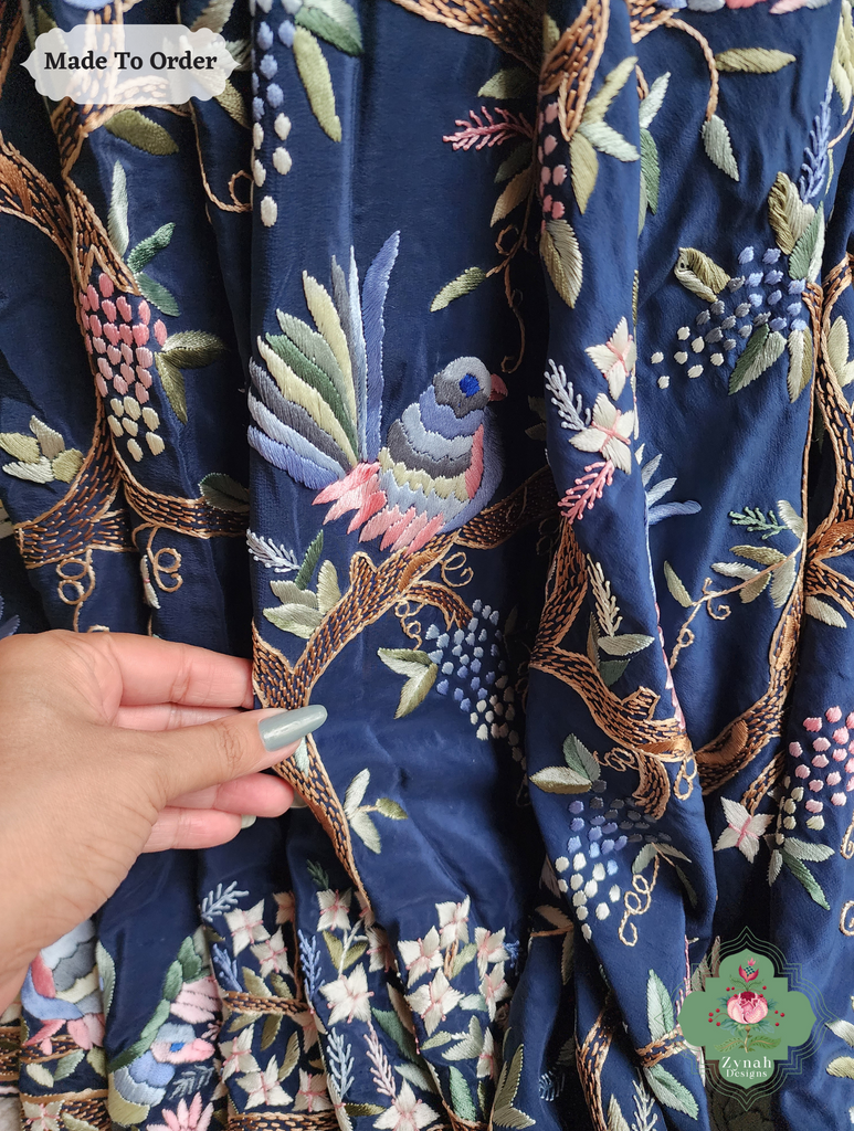 Zynah Made To Order Navy Blue Crepe Silk Hand Embroidered Authentic Parsi Gara Saree; Custom Stitched/Ready-made Blouse, Fall, Petticoat; SKU: 0905202503