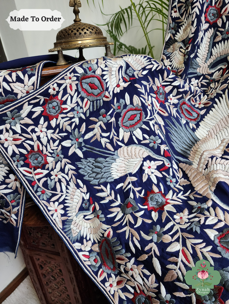 Navy Blue Crepe Silk Hand Embroidered Parsi Gara Saree 7