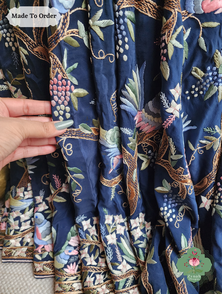 Zynah Made To Order Navy Blue Crepe Silk Hand Embroidered Authentic Parsi Gara Saree; Custom Stitched/Ready-made Blouse, Fall, Petticoat; SKU: 0905202503