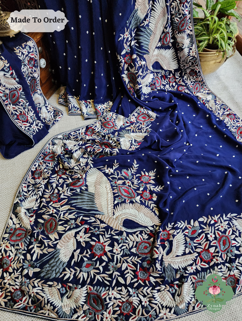 Navy Blue Crepe Silk Hand Embroidered Parsi Gara Saree 8