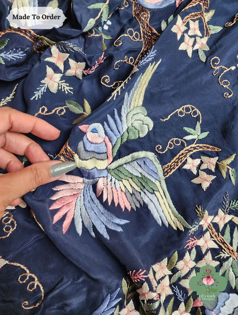 Zynah Made To Order Navy Blue Crepe Silk Hand Embroidered Authentic Parsi Gara Saree; Custom Stitched/Ready-made Blouse, Fall, Petticoat; SKU: 0905202503