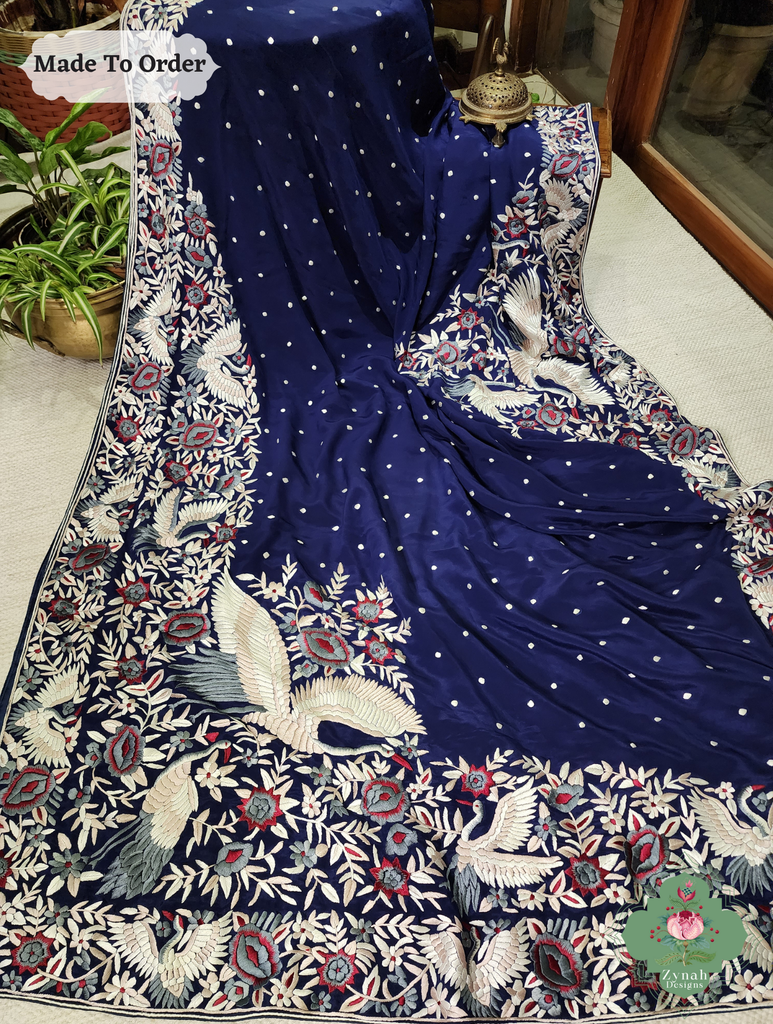 Navy Blue Crepe Silk Hand Embroidered Parsi Gara Saree 9