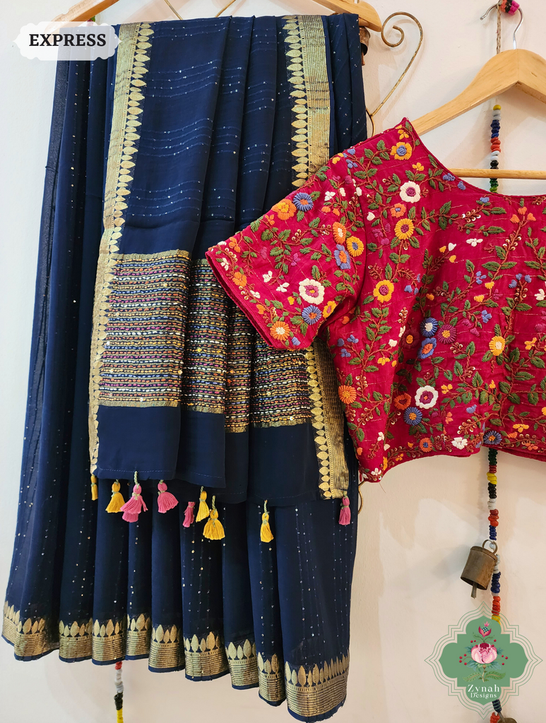 Navy Blue Crepe Silk Saree With Sequins Work 10