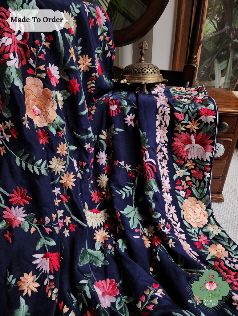 Navy Blue Crepe Silk Hand Embroidered Parsi Gara Saree 10