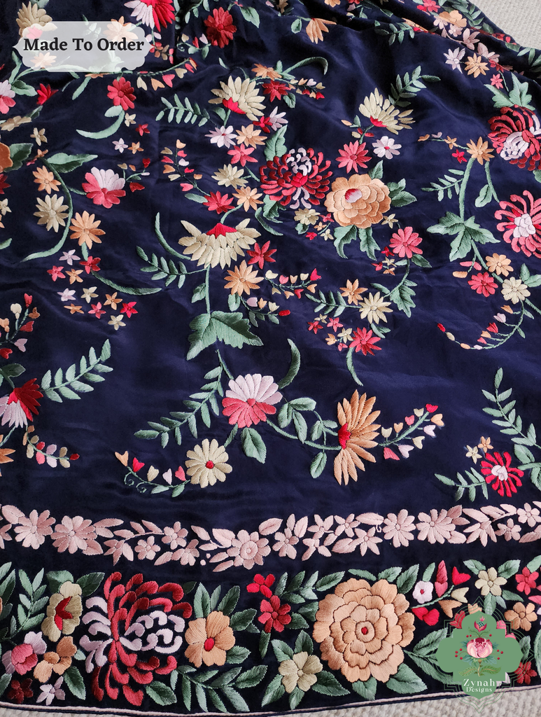 Navy Blue Crepe Silk Hand Embroidered Parsi Gara Saree 11