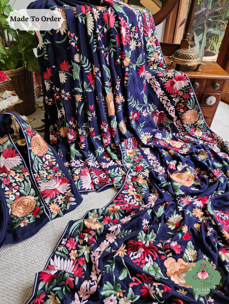 Navy Blue Crepe Silk Hand Embroidered Parsi Gara Saree 12