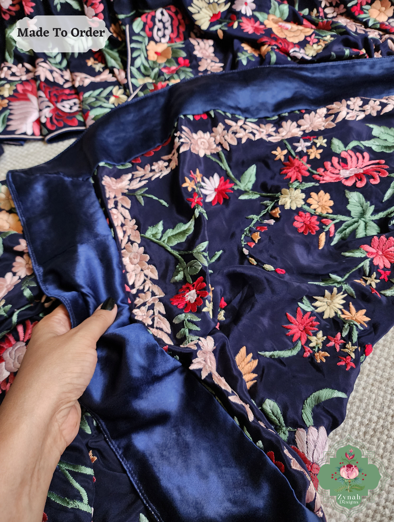 Navy Blue Crepe Silk Hand Embroidered Parsi Gara Saree 13