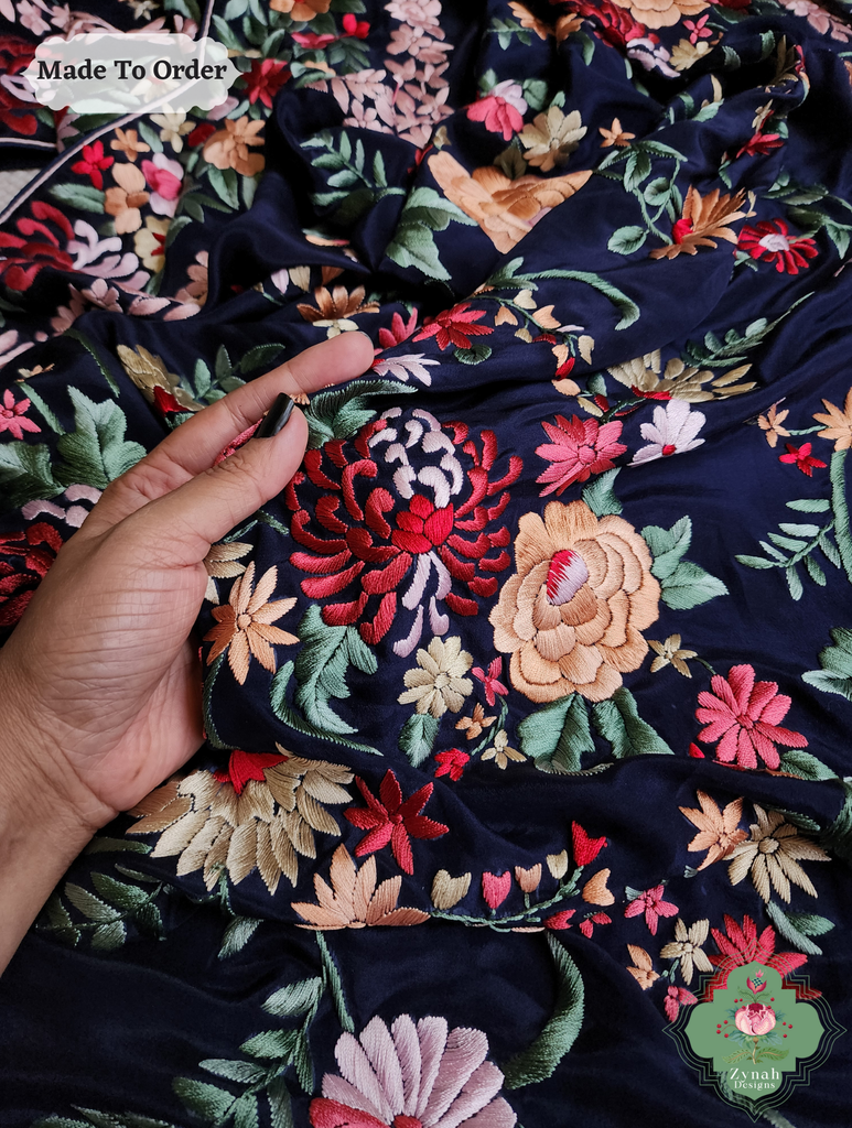 Navy Blue Crepe Silk Hand Embroidered Parsi Gara Saree 14