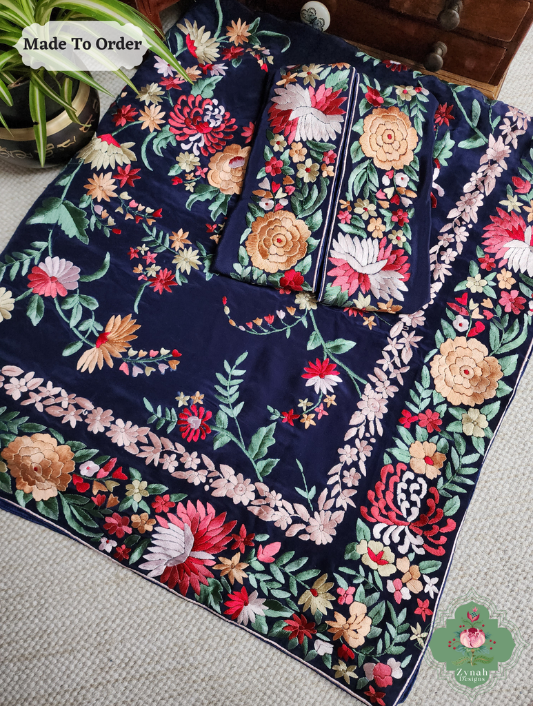 Navy Blue Crepe Silk Hand Embroidered Parsi Gara Saree 15
