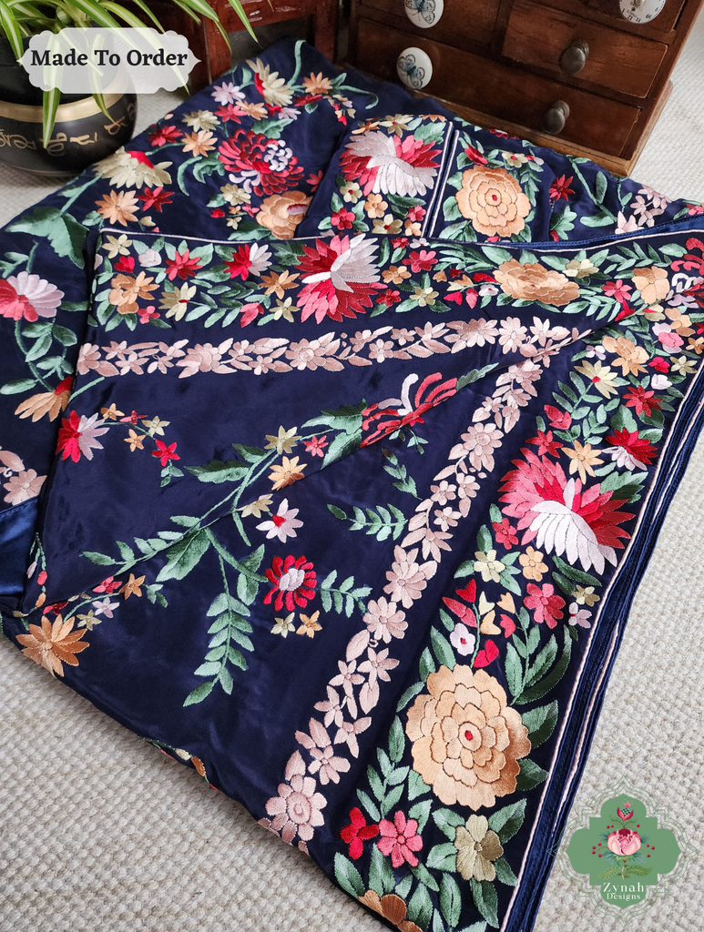 Navy Blue Crepe Silk Hand Embroidered Parsi Gara Saree 16