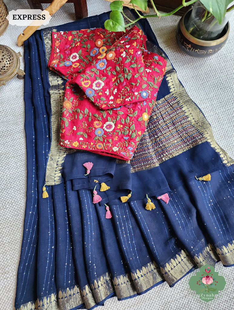 Navy Blue Crepe Silk Saree With Sequins Work 1