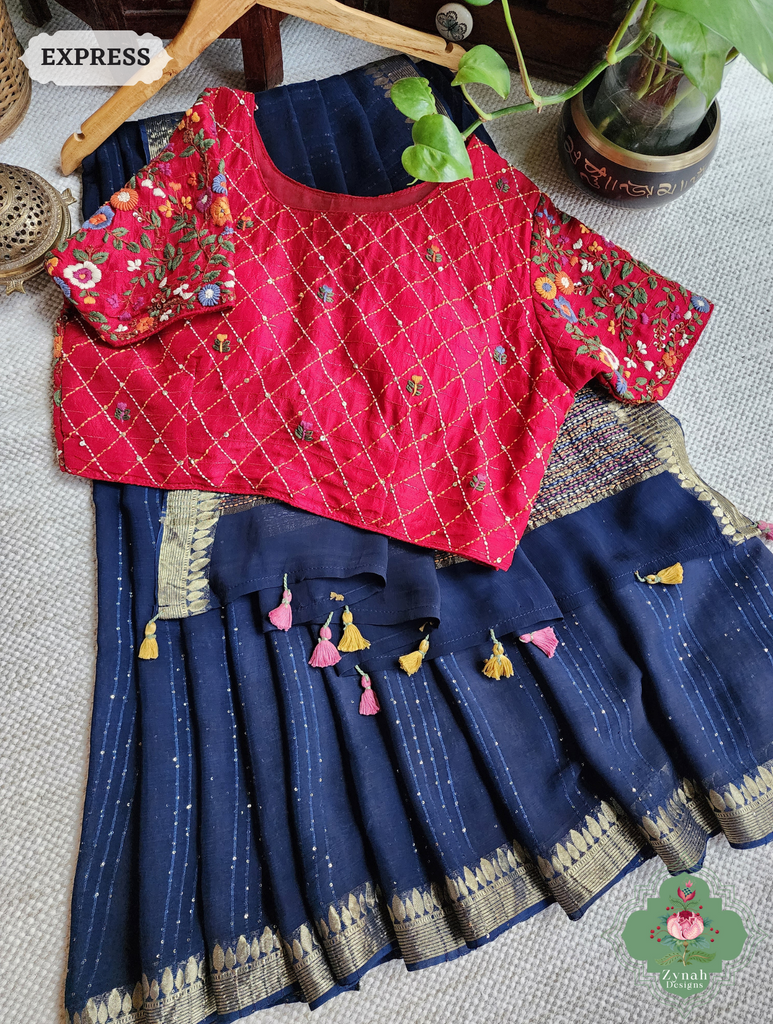 Navy Blue Crepe Silk Saree With Sequins Work 3