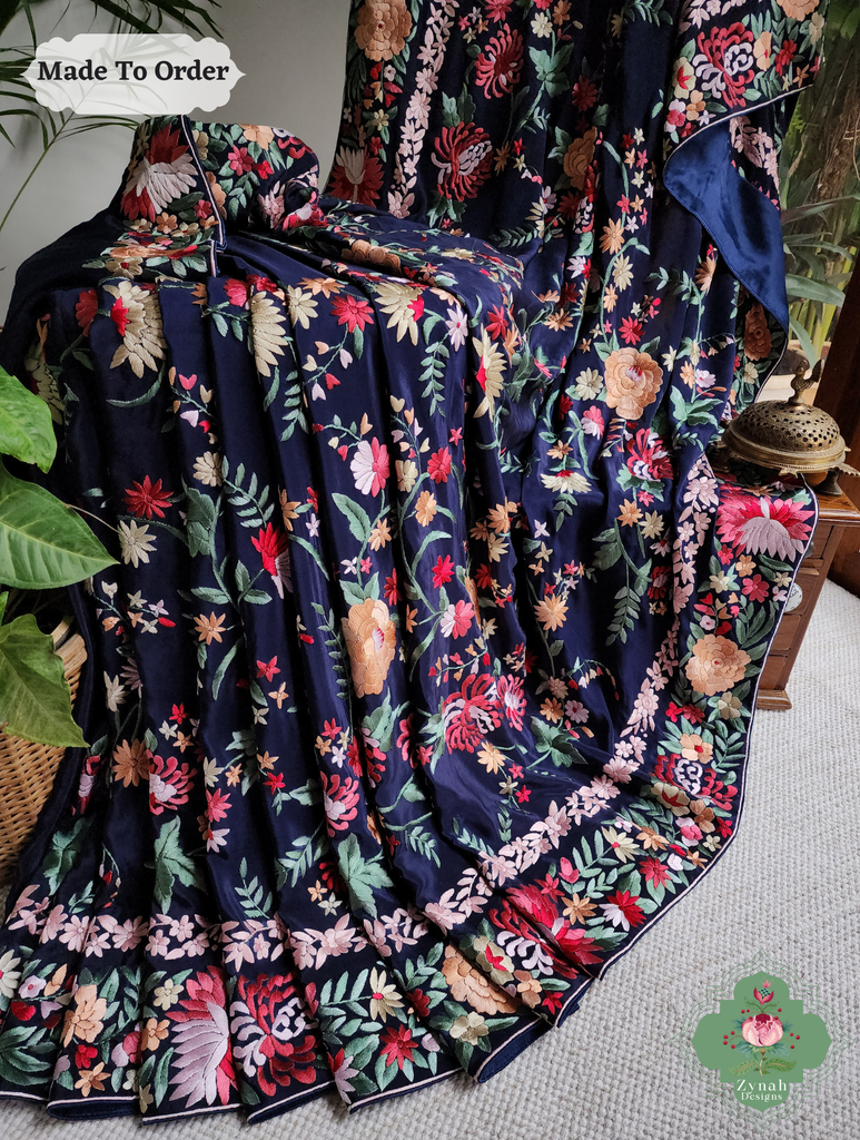 Navy Blue Crepe Silk Hand Embroidered Parsi Gara Saree 3