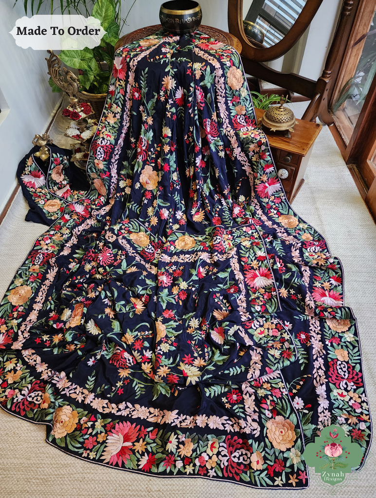 Navy Blue Crepe Silk Hand Embroidered Parsi Gara Saree 4
