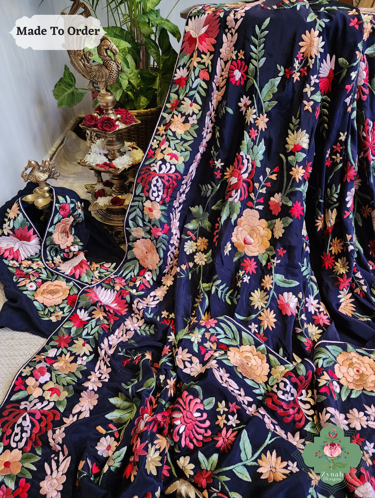 Navy Blue Crepe Silk Hand Embroidered Parsi Gara Saree 5