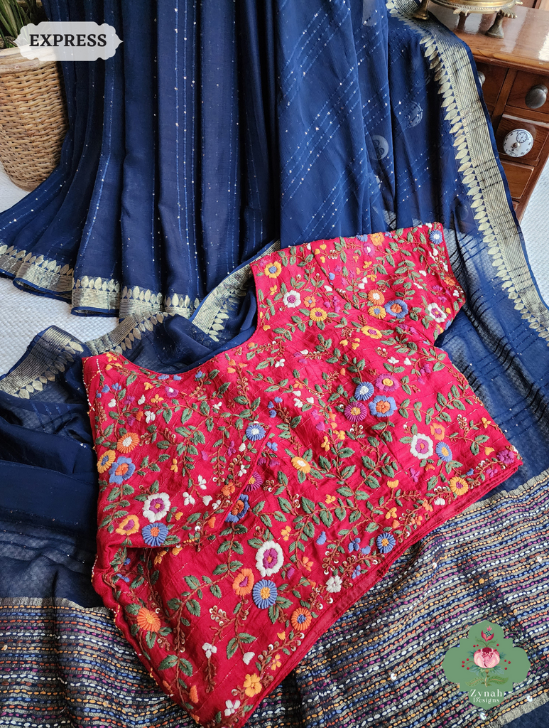 Navy Blue Crepe Silk Saree With Sequins Work 6