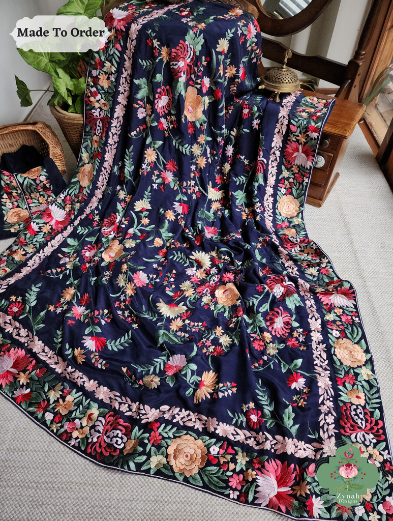 Navy Blue Crepe Silk Hand Embroidered Parsi Gara Saree 6