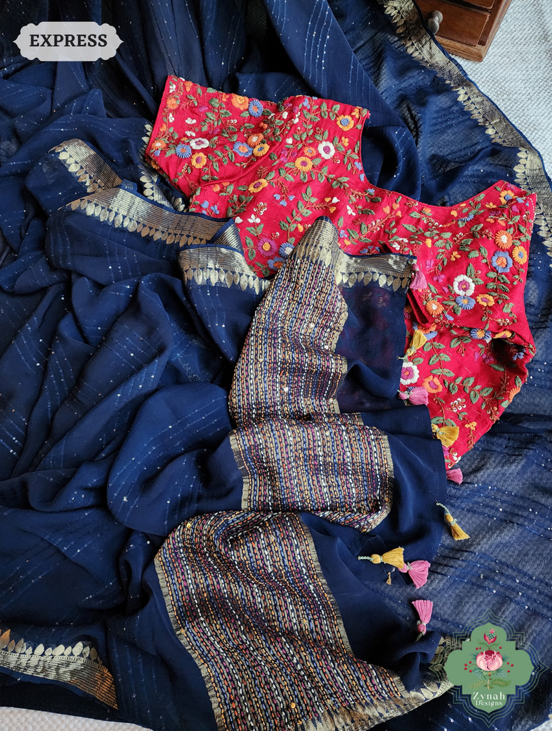 Navy Blue Crepe Silk Saree With Sequins Work 7