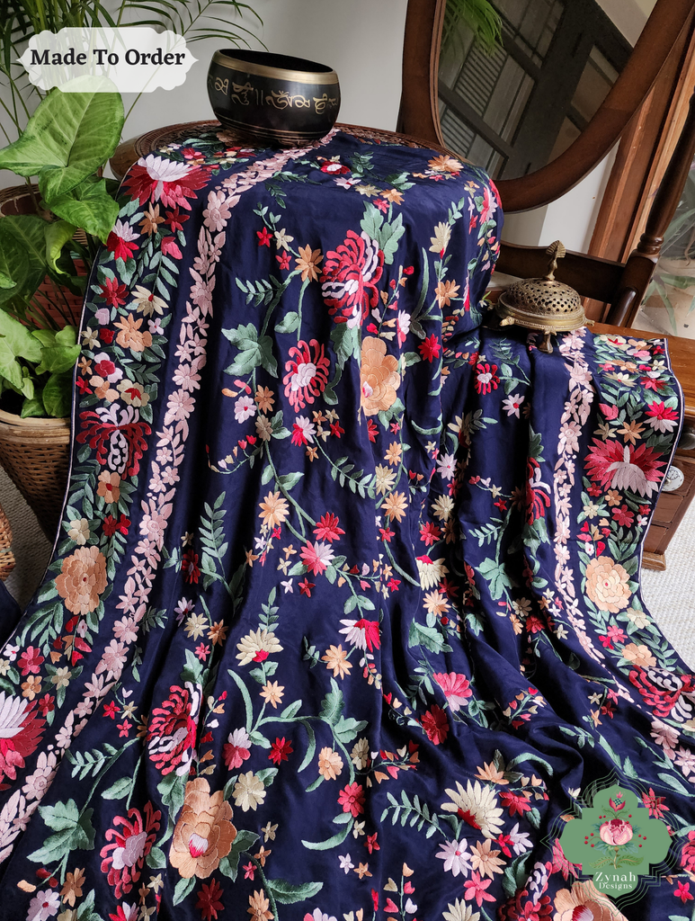 Navy Blue Crepe Silk Hand Embroidered Parsi Gara Saree 7