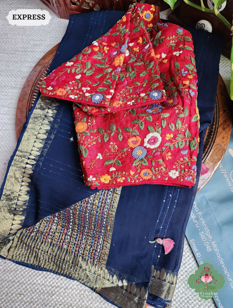 Navy Blue Crepe Silk Saree With Sequins Work 8