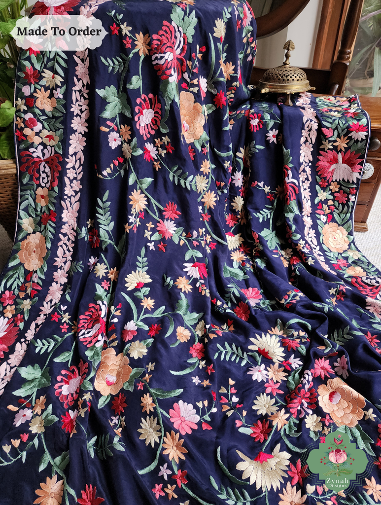 Navy Blue Crepe Silk Hand Embroidered Parsi Gara Saree 8
