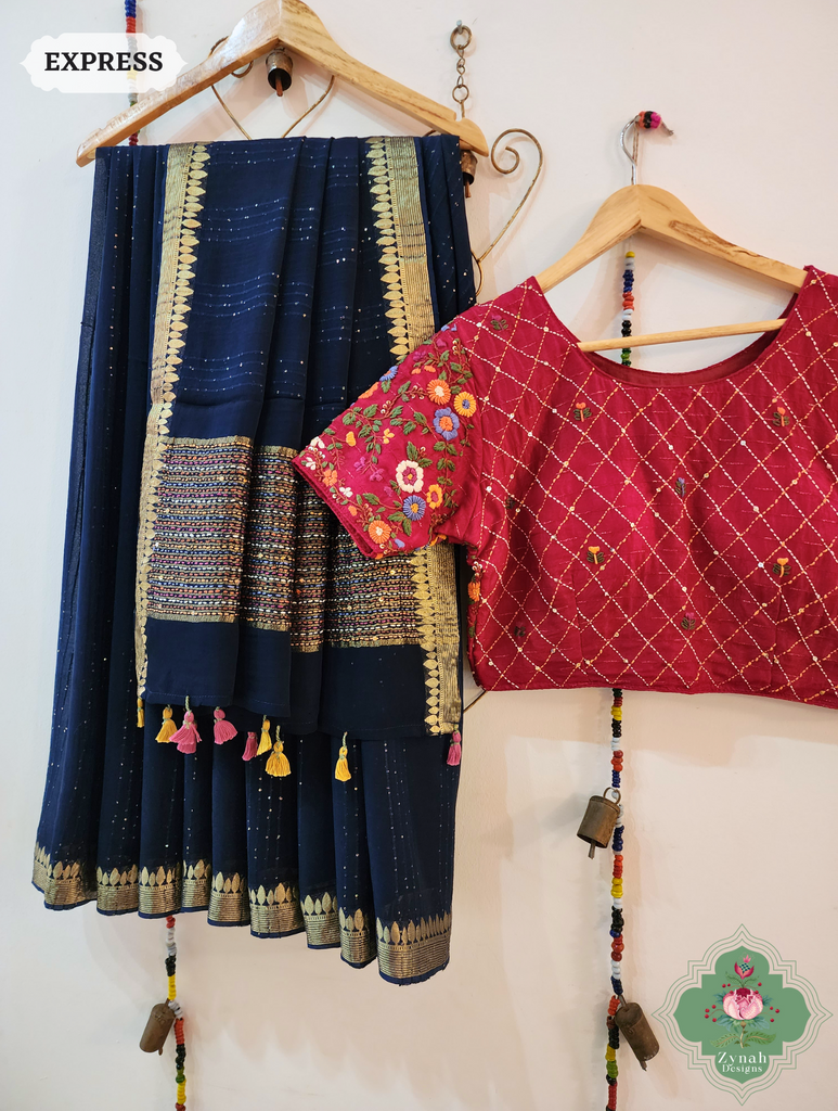 Navy Blue Crepe Silk Saree With Sequins Work 6