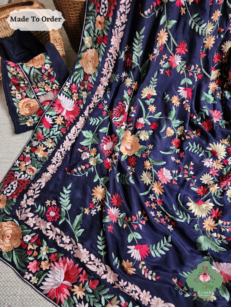 Navy Blue Crepe Silk Hand Embroidered Parsi Gara Saree 9