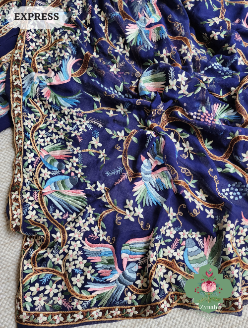 Zynah Navy Blue Pure Georgette Silk Parsi Gara Saree With All Over Jaal Parsi Embroidery; Custom Stitched/Ready-made Blouse, Fall, Petticoat; SKU: 2505202301