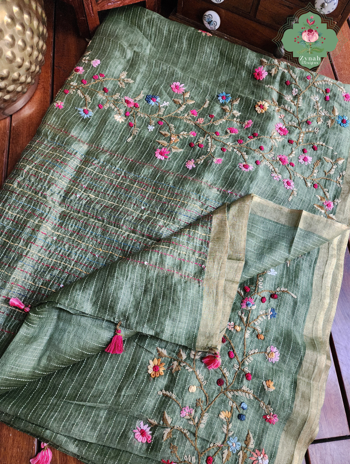 Niharika | Moss Green Pure Silk Linen Saree With Hand Embroidery