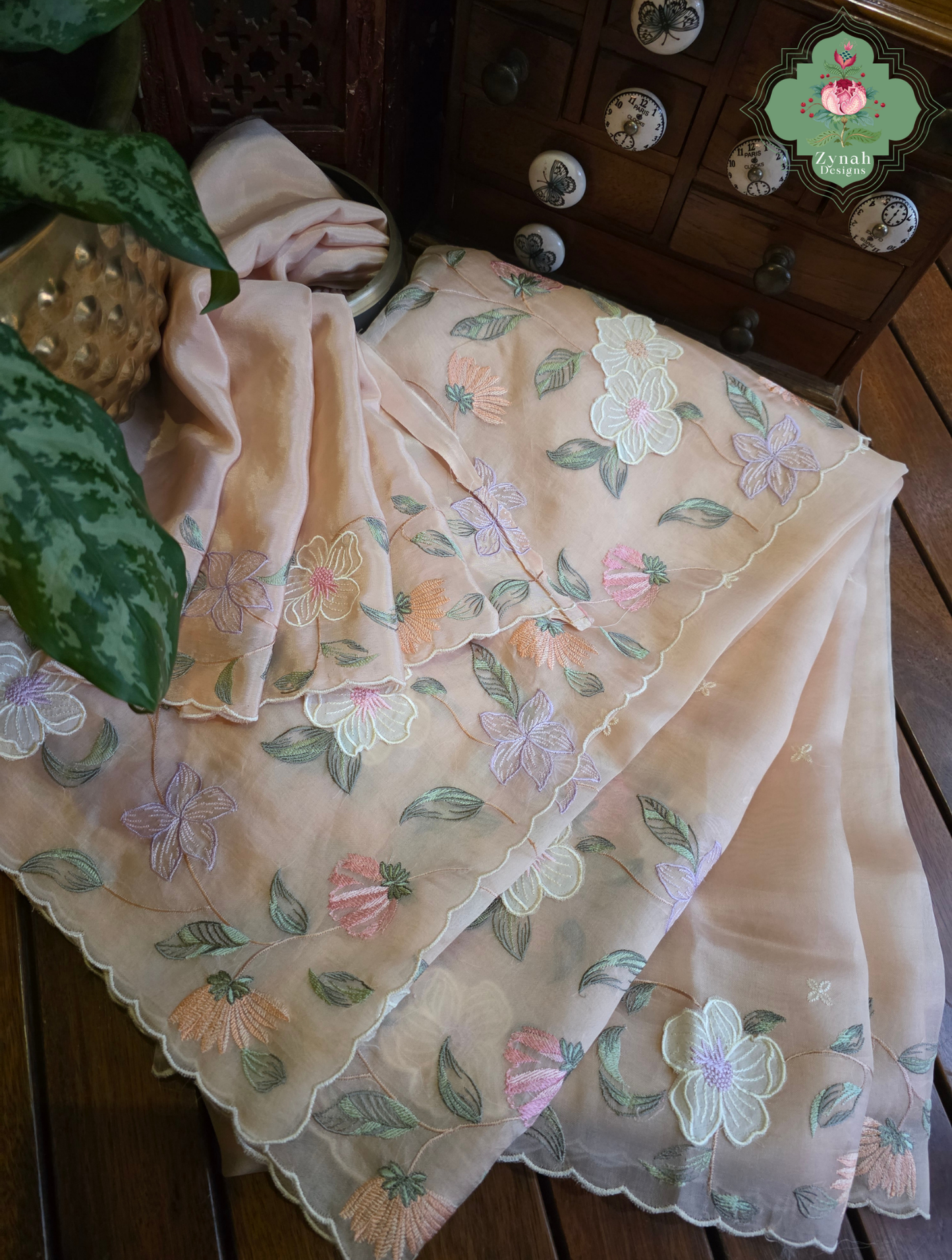 Suroor Nude Pink Organza Silk Saree With Floral Applique & Embroidery