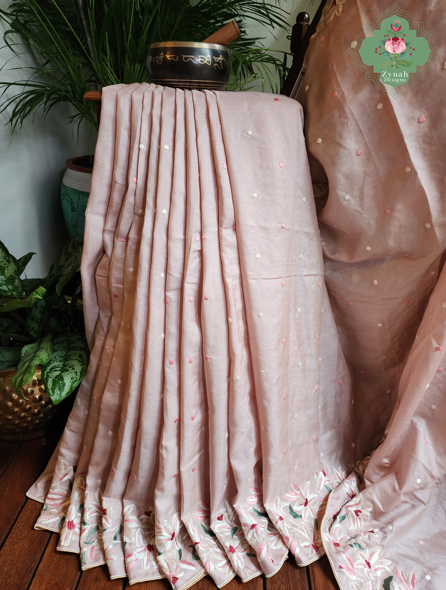 Zynah Rose Poudré – Nude Pink Pure Tussar Silk Hand Embroidered Parsi Gara Saree