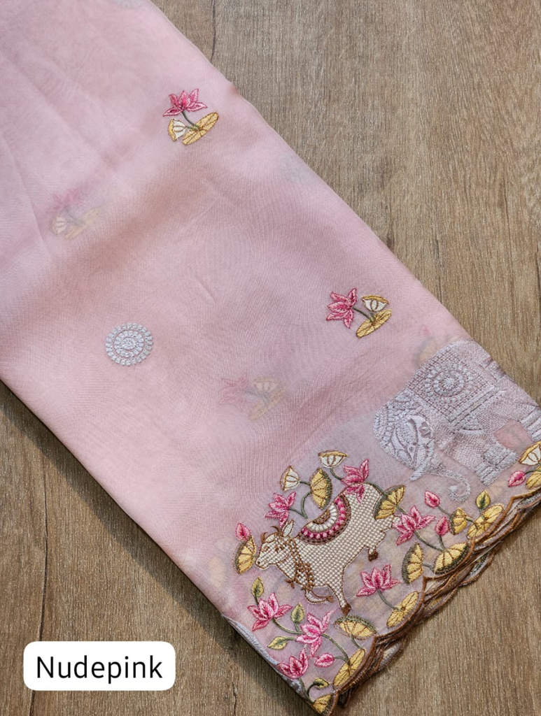 Zynah Pure Organza Silk Sarees With Elephant Pichwai Embroidery & Scallop Border; Custom Stitched/Ready-made Blouse, Fall, Petticoat; SKU: 0401202410