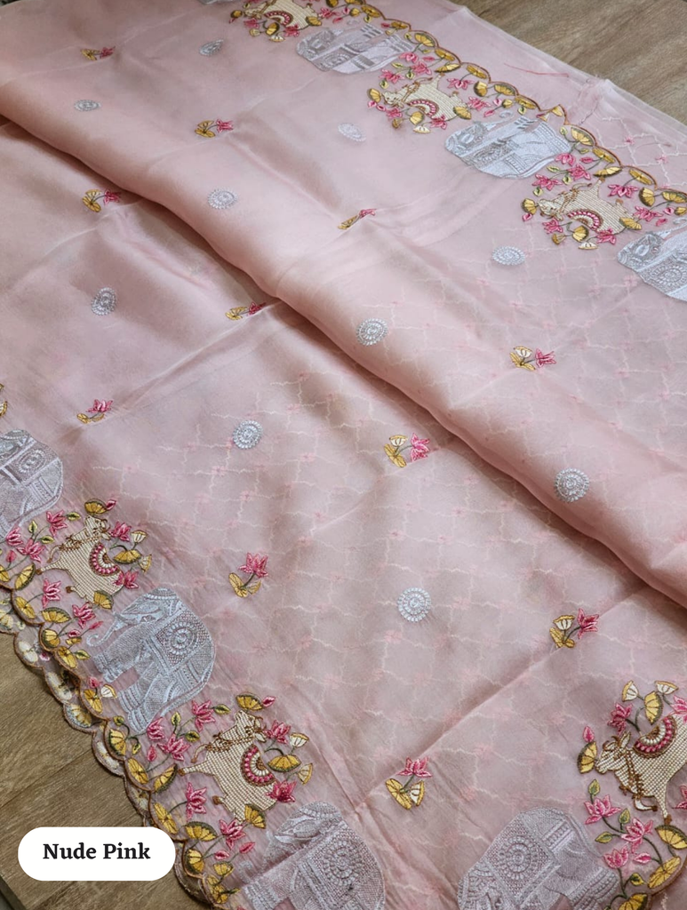 Zynah Pure Organza Silk Sarees With Elephant Pichwai Embroidery & Scallop Border; Custom Stitched/Ready-made Blouse, Fall, Petticoat; SKU: 0401202410