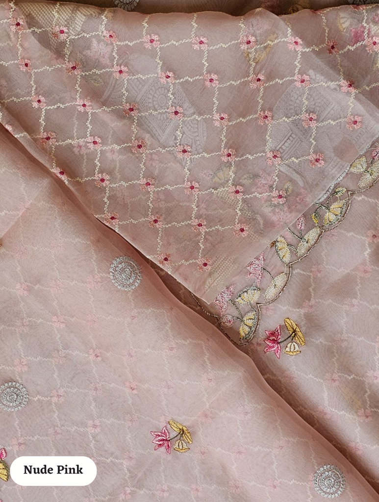 Zynah Pure Organza Silk Sarees With Elephant Pichwai Embroidery & Scallop Border; Custom Stitched/Ready-made Blouse, Fall, Petticoat; SKU: 0401202410