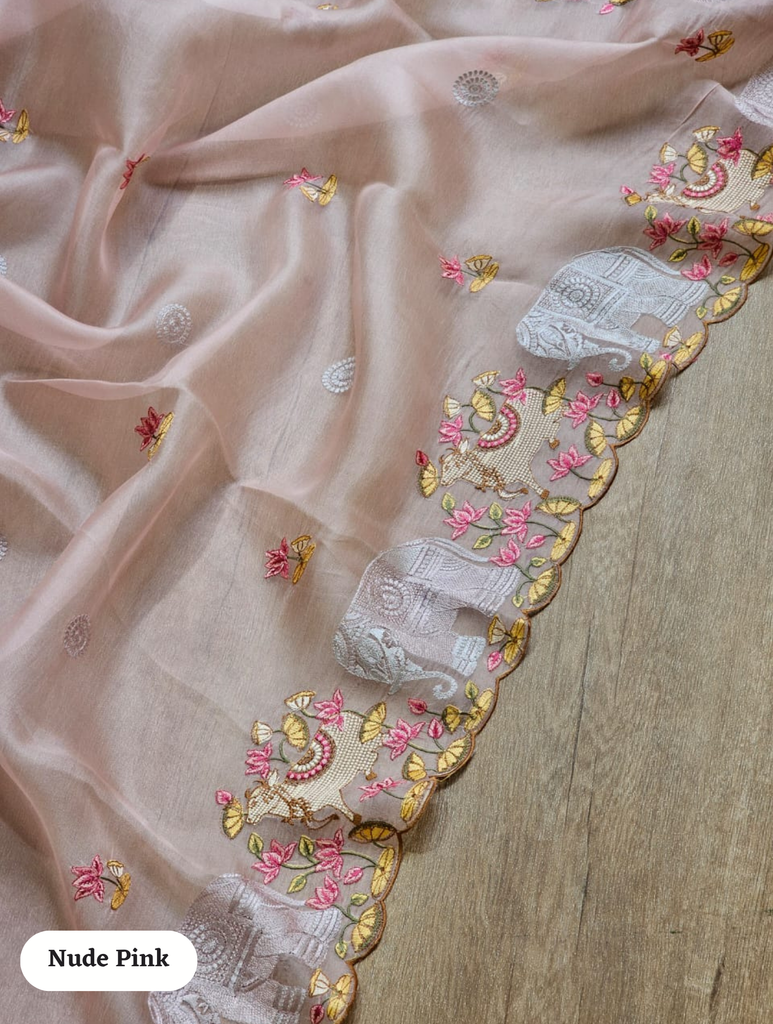 Zynah Pure Organza Silk Sarees With Elephant Pichwai Embroidery & Scallop Border; Custom Stitched/Ready-made Blouse, Fall, Petticoat; SKU: 0401202410