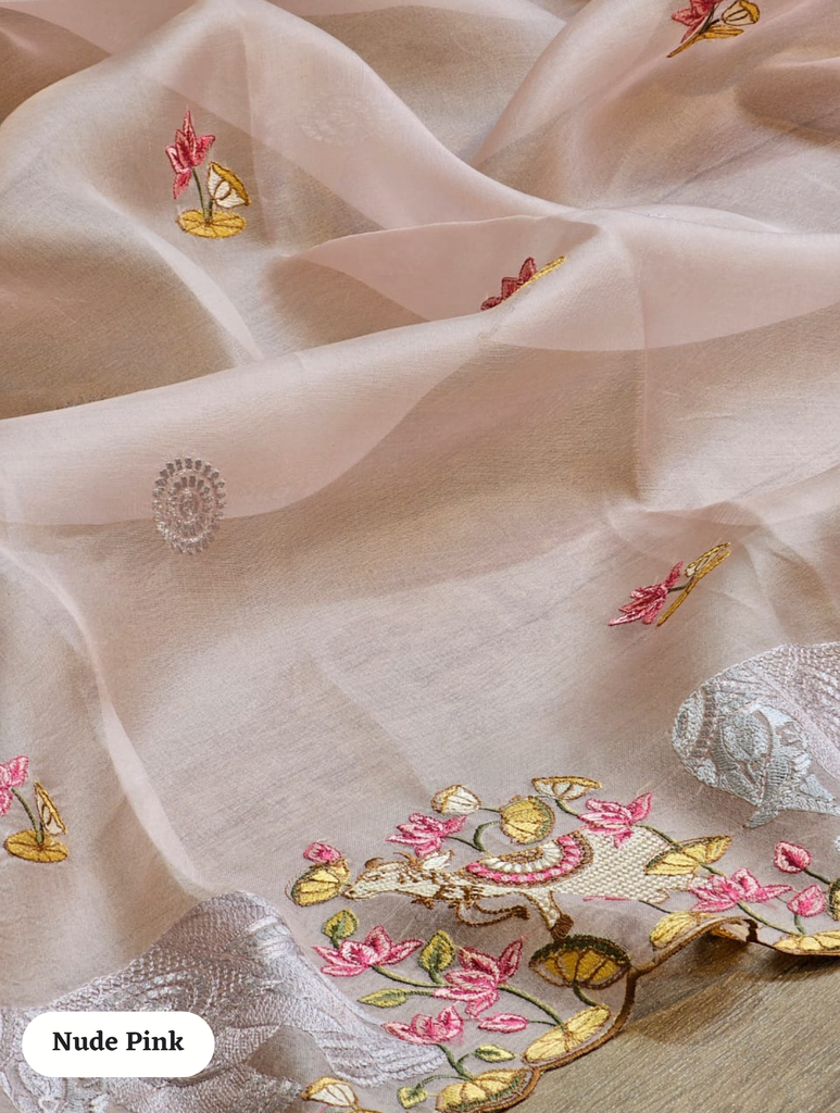 Zynah Pure Organza Silk Sarees With Elephant Pichwai Embroidery & Scallop Border; Custom Stitched/Ready-made Blouse, Fall, Petticoat; SKU: 0401202410