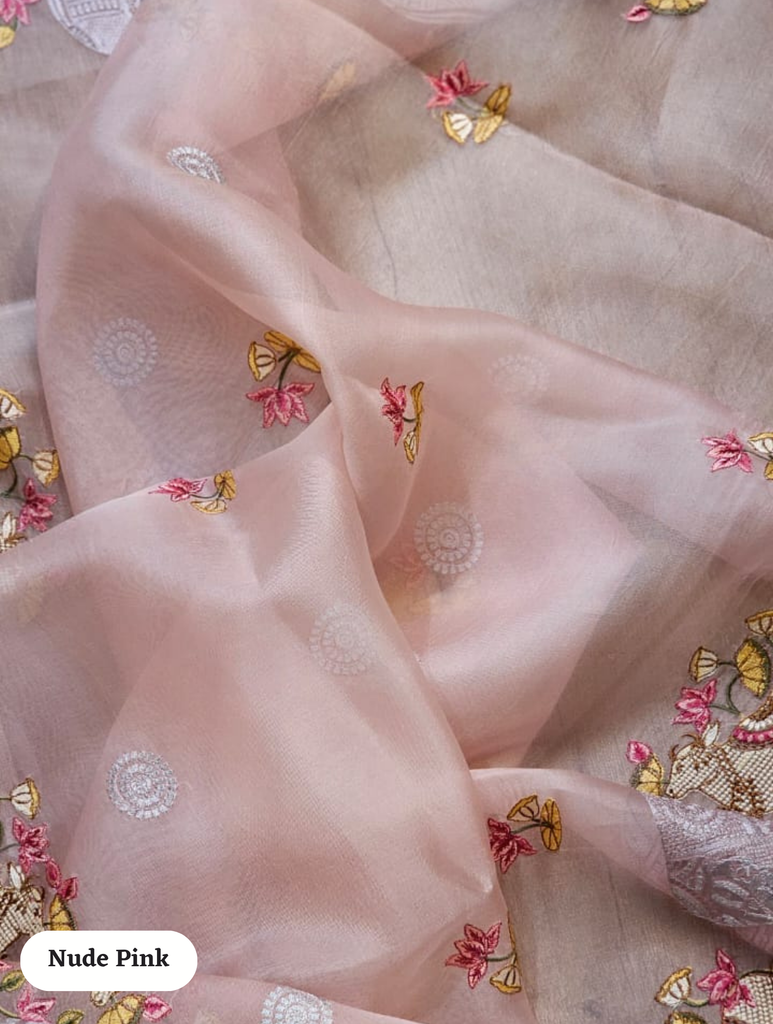 Zynah Pure Organza Silk Sarees With Elephant Pichwai Embroidery & Scallop Border; Custom Stitched/Ready-made Blouse, Fall, Petticoat; SKU: 0401202410