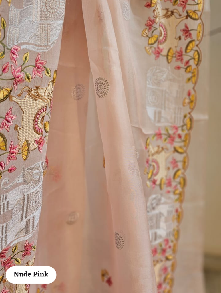 Zynah Pure Organza Silk Sarees With Elephant Pichwai Embroidery & Scallop Border; Custom Stitched/Ready-made Blouse, Fall, Petticoat; SKU: 0401202410