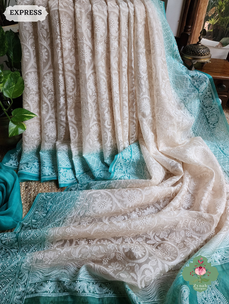 Zynah Nude & Teal Organza Saree With Chikankari Style Embroidery; Custom Stitched/Ready-made Blouse, Fall, Petticoat; SKU: 2901202503