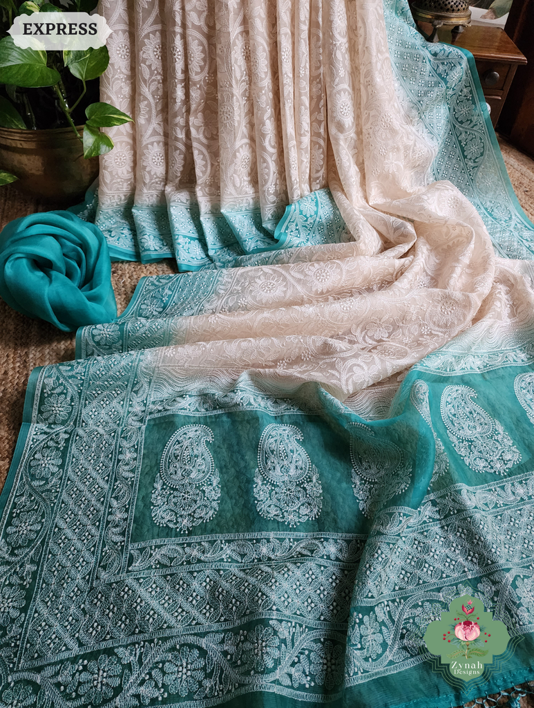 Zynah Nude & Teal Organza Saree With Chikankari Style Embroidery; Custom Stitched/Ready-made Blouse, Fall, Petticoat; SKU: 2901202503