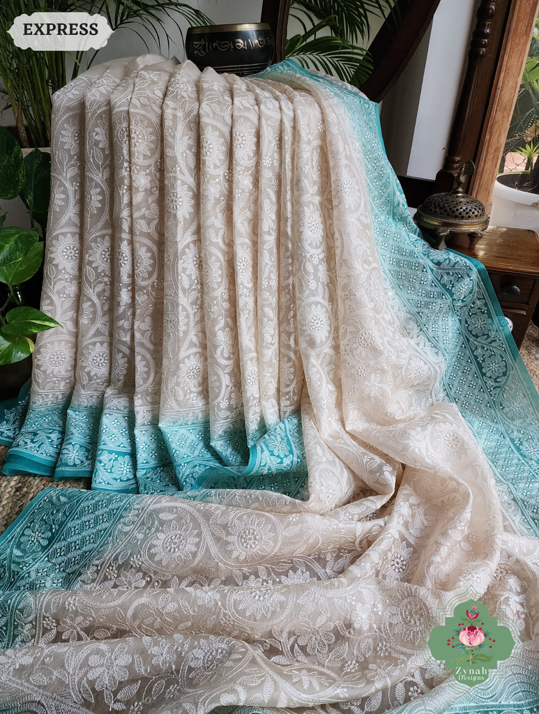 Zynah Nude & Teal Organza Saree With Chikankari Style Embroidery; Custom Stitched/Ready-made Blouse, Fall, Petticoat; SKU: 2901202503