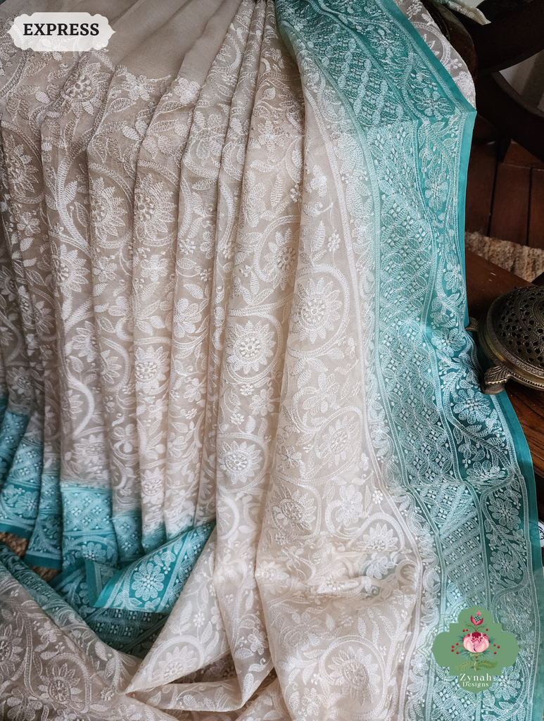 Zynah Nude & Teal Organza Saree With Chikankari Style Embroidery; Custom Stitched/Ready-made Blouse, Fall, Petticoat; SKU: 2901202503