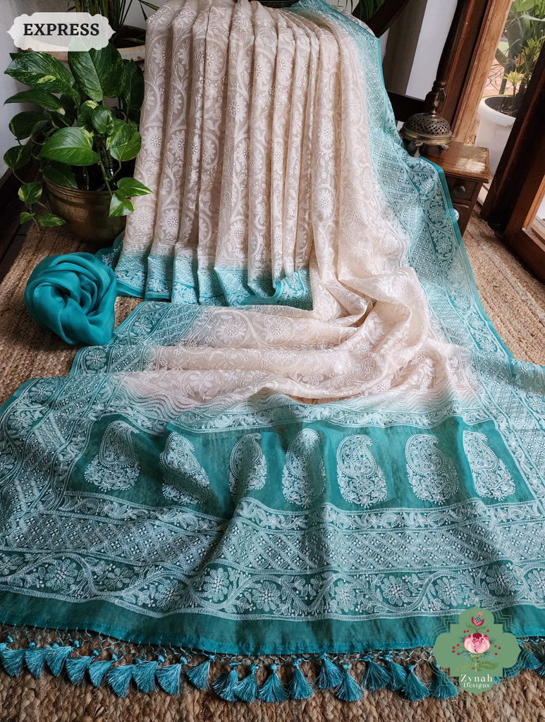 Zynah Nude & Teal Organza Saree With Chikankari Style Embroidery; Custom Stitched/Ready-made Blouse, Fall, Petticoat; SKU: 2901202503