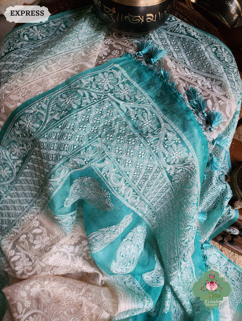 Zynah Nude & Teal Organza Saree With Chikankari Style Embroidery; Custom Stitched/Ready-made Blouse, Fall, Petticoat; SKU: 2901202503