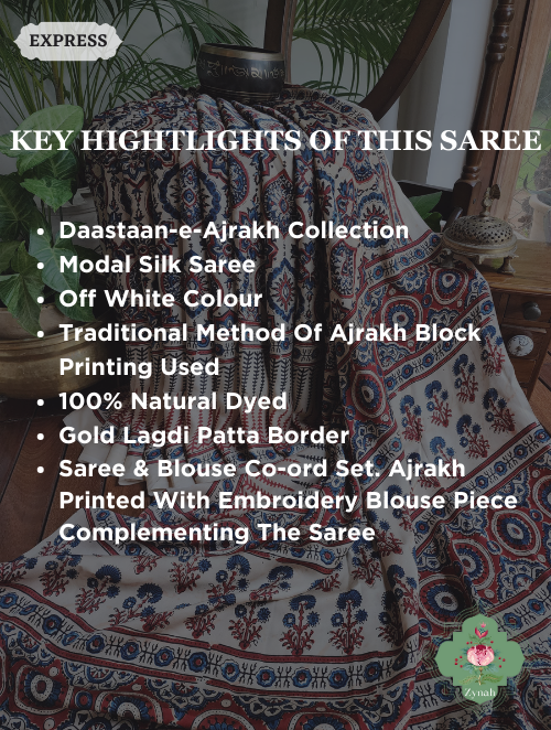 Off White Ajrakh Modal Silk Saree With Lagdi Patta On Pallu, Crafted Using The Traditional Method Of Hand Block Printing Using 100% Natural Dyes