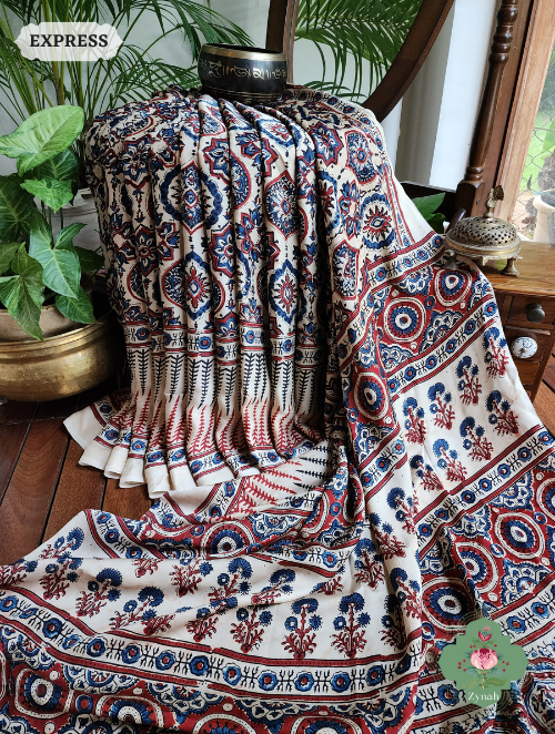 Off White Ajrakh Modal Silk Saree With Lagdi Patta On Pallu, Crafted Using The Traditional Method Of Hand Block Printing Using 100% Natural Dyes