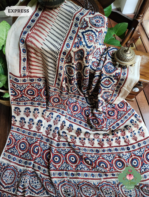 Off White Ajrakh Modal Silk Saree With Lagdi Patta On Pallu, Crafted Using The Traditional Method Of Hand Block Printing Using 100% Natural Dyes