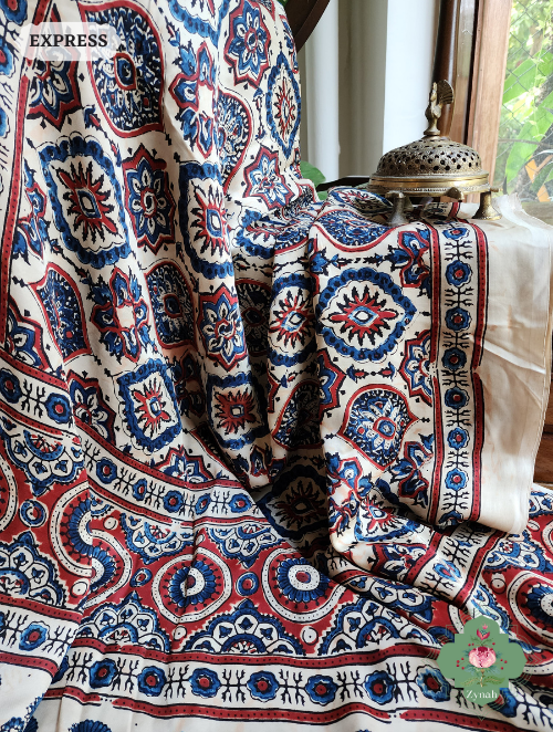 Off White Ajrakh Modal Silk Saree With Lagdi Patta On Pallu, Crafted Using The Traditional Method Of Hand Block Printing Using 100% Natural Dyes