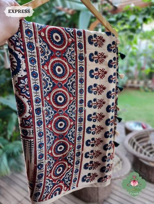 Off White Ajrakh Modal Silk Saree With Lagdi Patta On Pallu, Crafted Using The Traditional Method Of Hand Block Printing Using 100% Natural Dyes